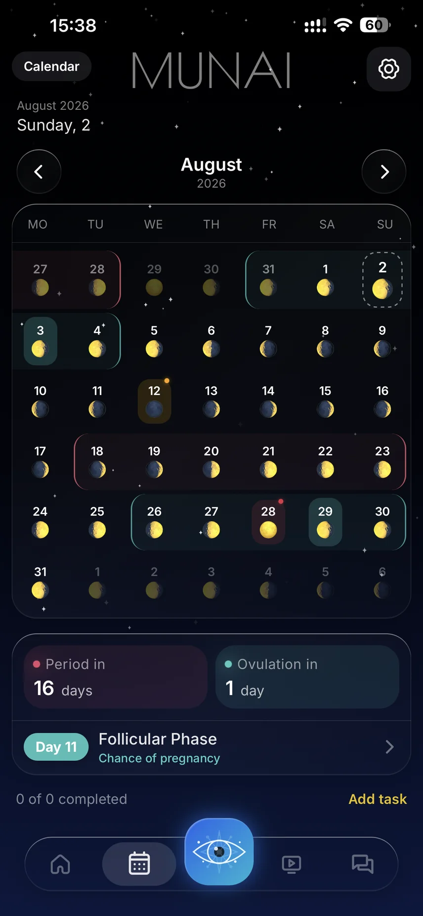 Månkalender och spårning av menscykeln i MUNAI-appen